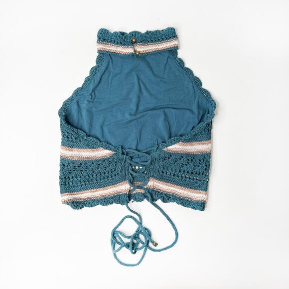 Say What? Blue and White Striped knit crochet halter top retro 90s Size Large - Picture 5 of 8